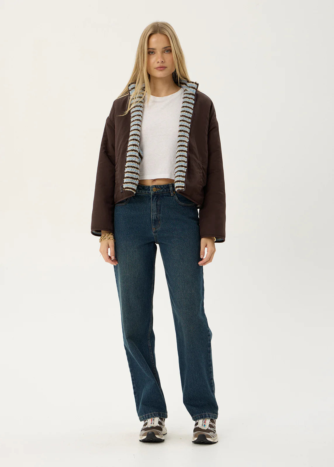 AFENDS Womens Berlin - Reversible Polar Fleece Jacket - Coffee / Blue Stripe