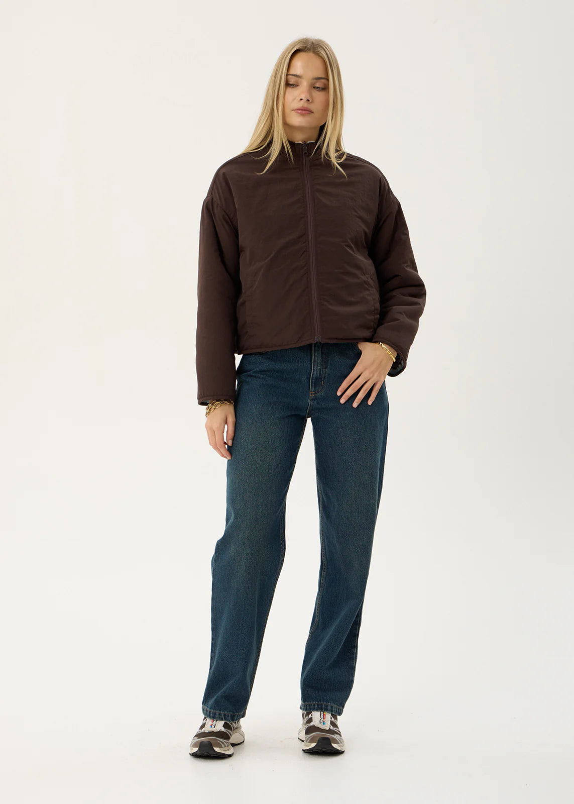 AFENDS Womens Berlin - Reversible Polar Fleece Jacket - Coffee / Blue Stripe