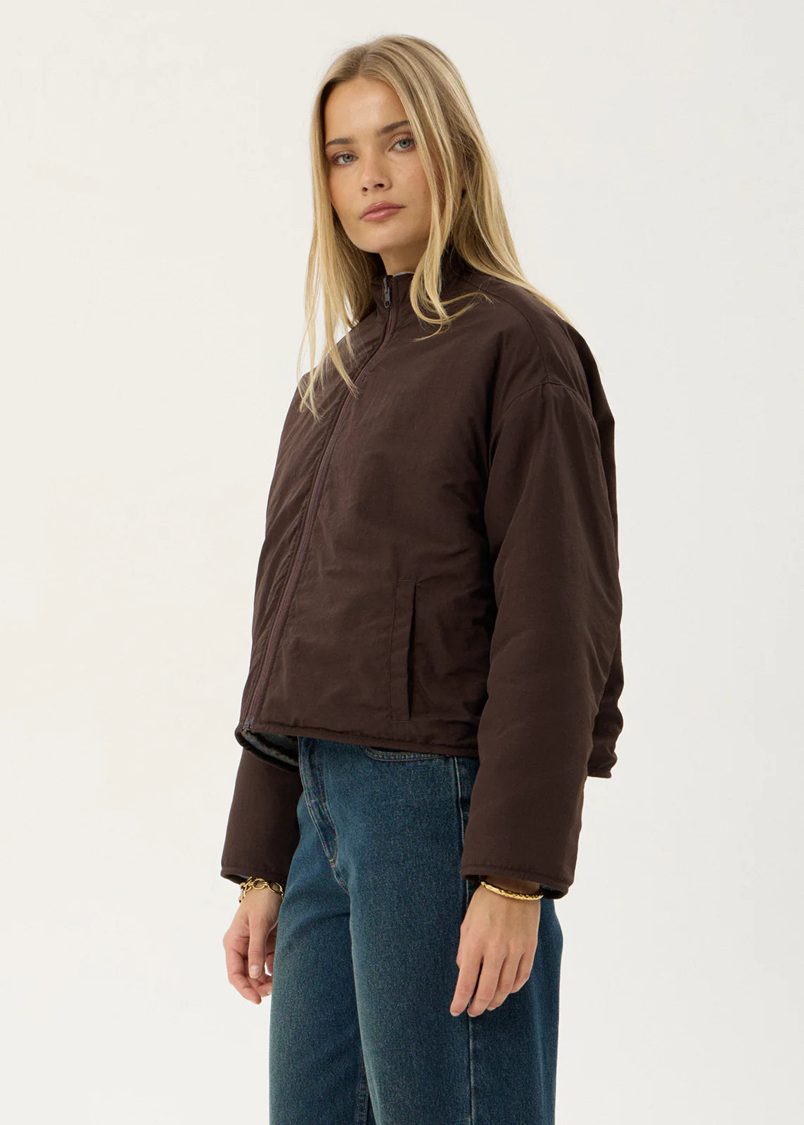 AFENDS Womens Berlin - Reversible Polar Fleece Jacket - Coffee / Blue Stripe