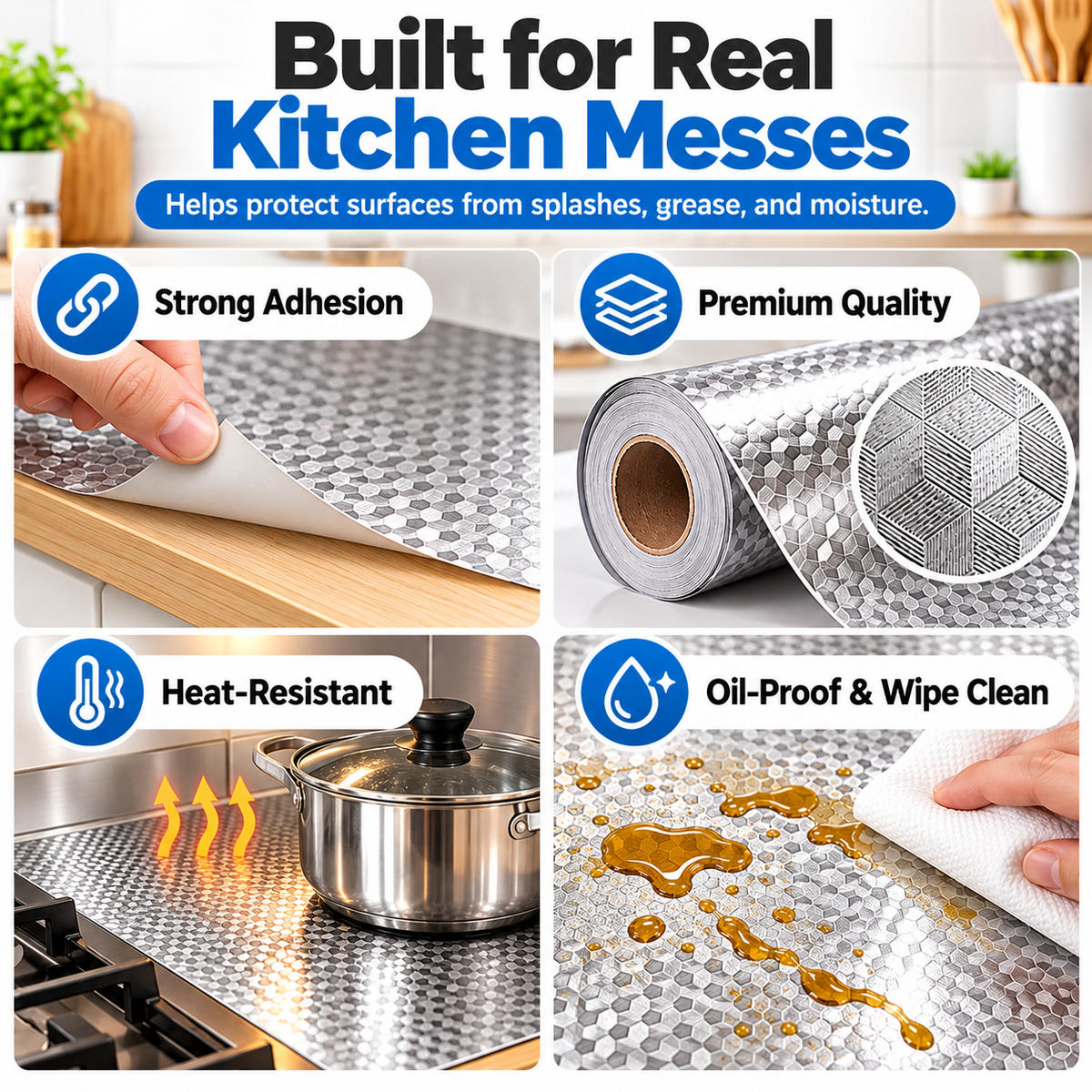 Silver 3D Cube Peel & Stick Kitchen Liner – Instant Glow-Up