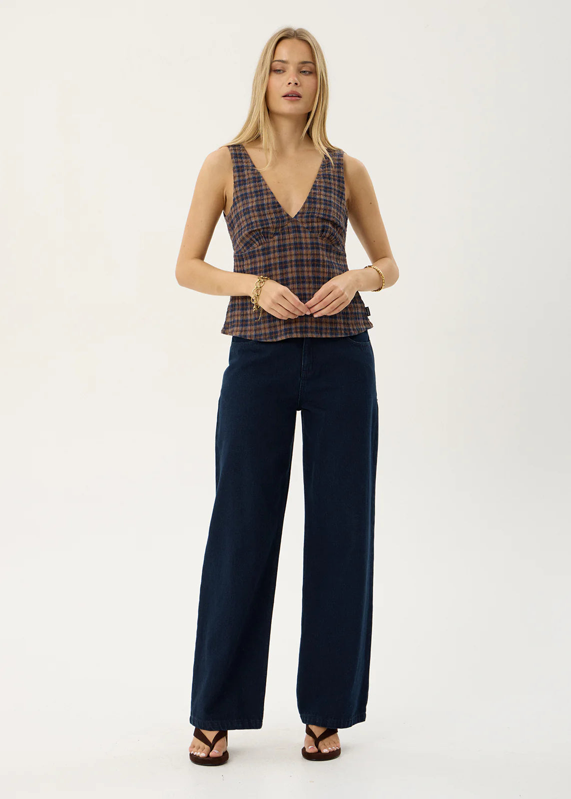 AFENDS Womens Giselle - Seersucker Top - Shev Indigo Check