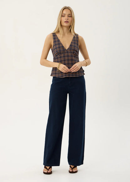 AFENDS Womens Giselle - Seersucker Top - Shev Indigo Check