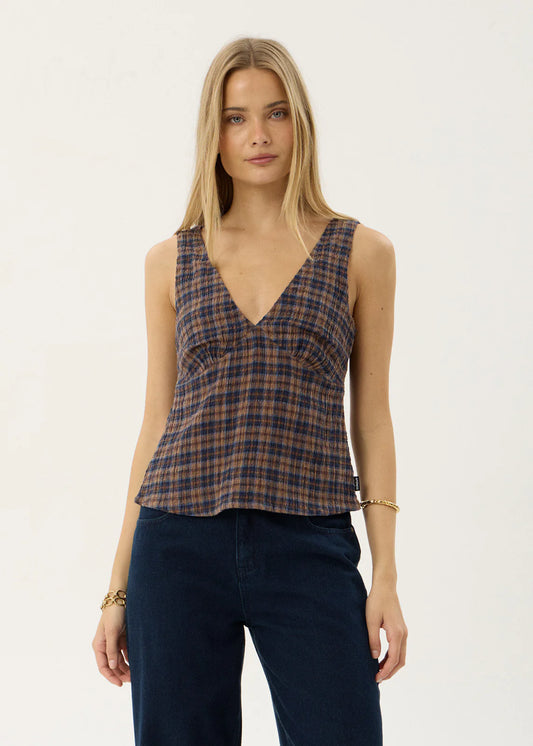 AFENDS Womens Giselle - Seersucker Top - Shev Indigo Check