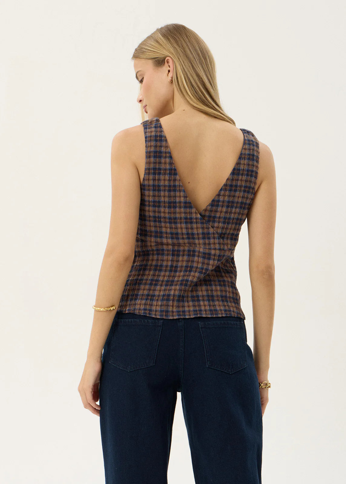 AFENDS Womens Giselle - Seersucker Top - Shev Indigo Check