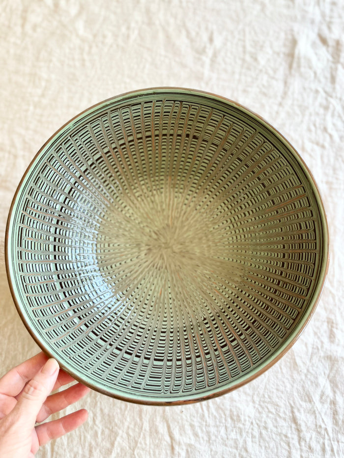 pasta bowl with peacock design in jade detail view