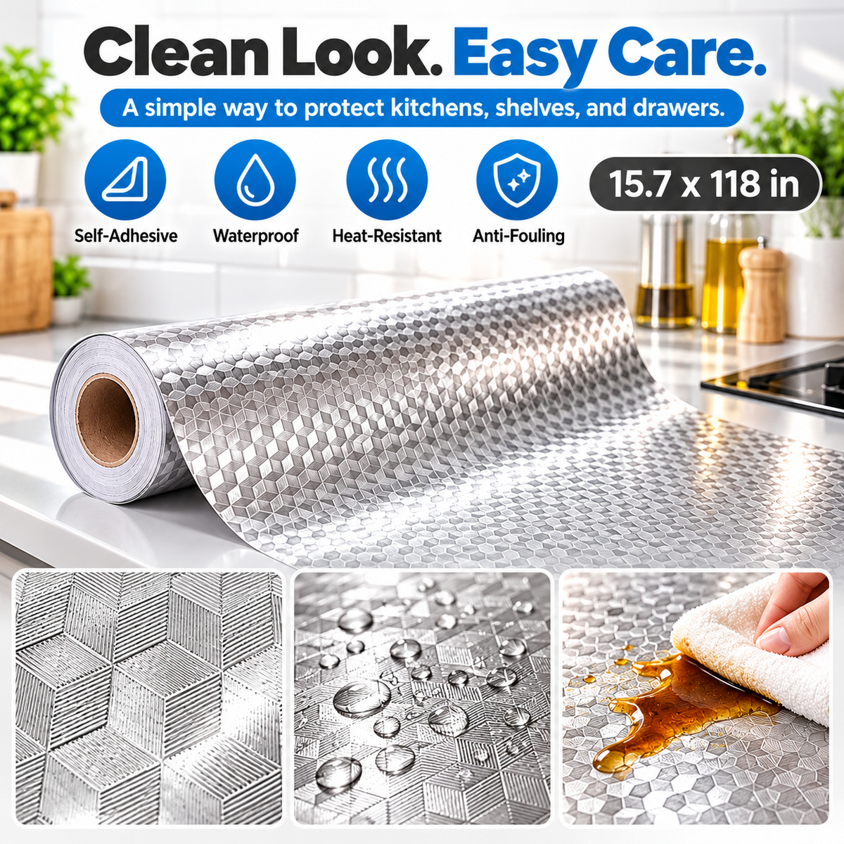 Silver 3D Cube Peel & Stick Kitchen Liner – Instant Glow-Up