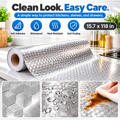 Silver 3D Cube Peel & Stick Kitchen Liner – Instant Glow-Up