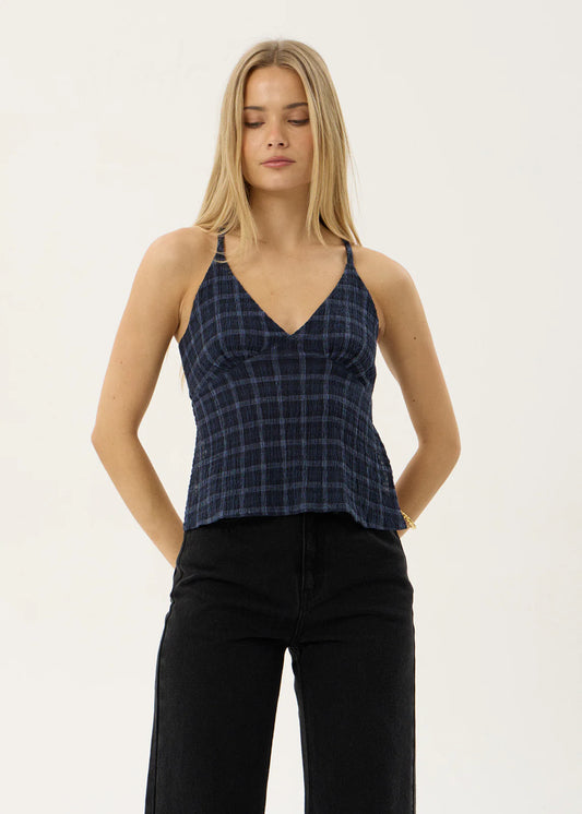 AFENDS Womens Etta - Strappy Seersucker Top - Thea Midnight Check