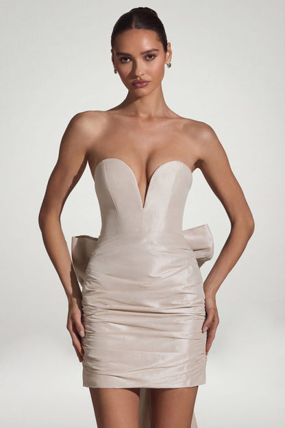 Satin Bow-Detail Strapless Mini Dress in Ivory