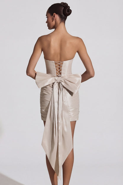 Satin Bow-Detail Strapless Mini Dress in Ivory