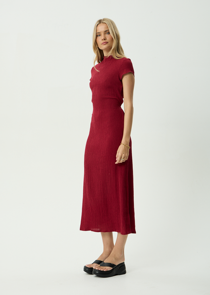 AFENDS Womens Elodie - Hemp Seersucker Midi Dress - Burgundy