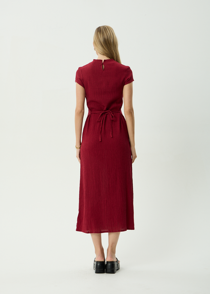 AFENDS Womens Elodie - Hemp Seersucker Midi Dress - Burgundy