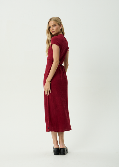 AFENDS Womens Elodie - Hemp Seersucker Midi Dress - Burgundy