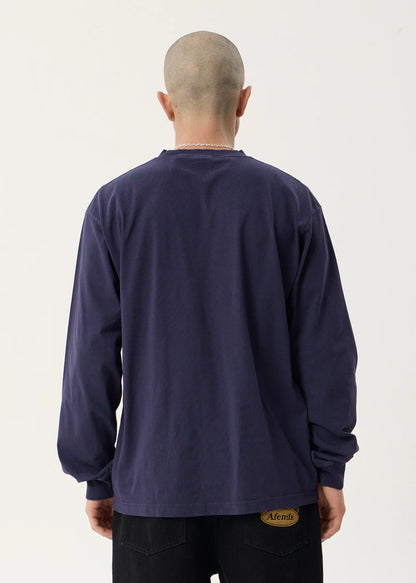 AFENDS Mens Genesis - Boxy Long Sleeve Tee - Washed Deep Sea