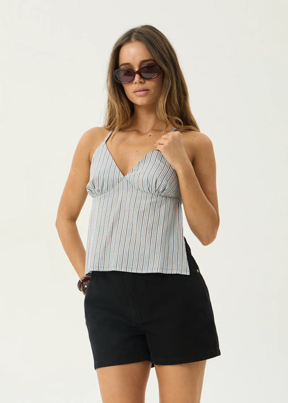 AFENDS Womens Annalise - Tie Top - Coffee / Blue Stripe