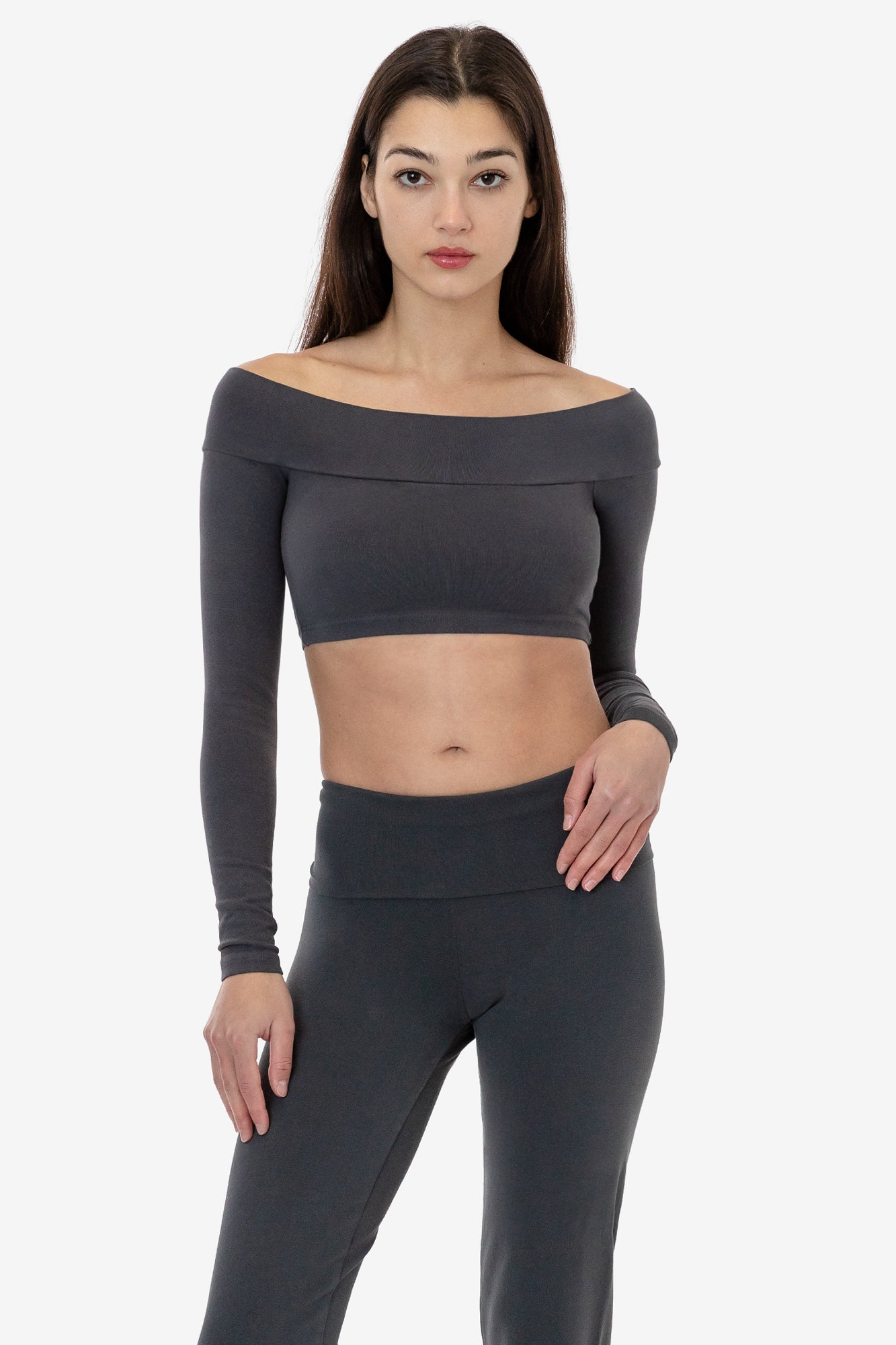 83074GD - Cotton Spandex Long Sleeve Off Shoulder Crop Top