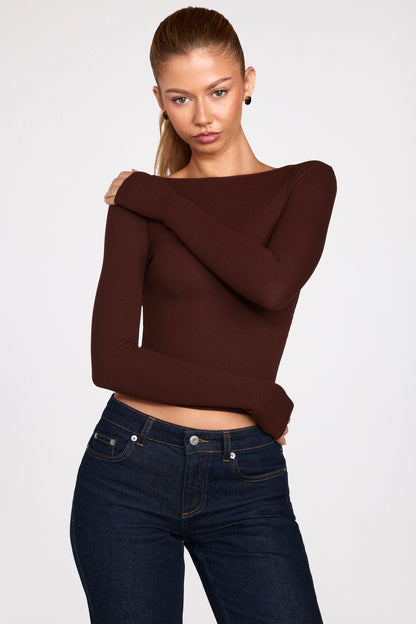 Ribbed Modal Ruched Long-Sleeve Top in Chocolate Brown