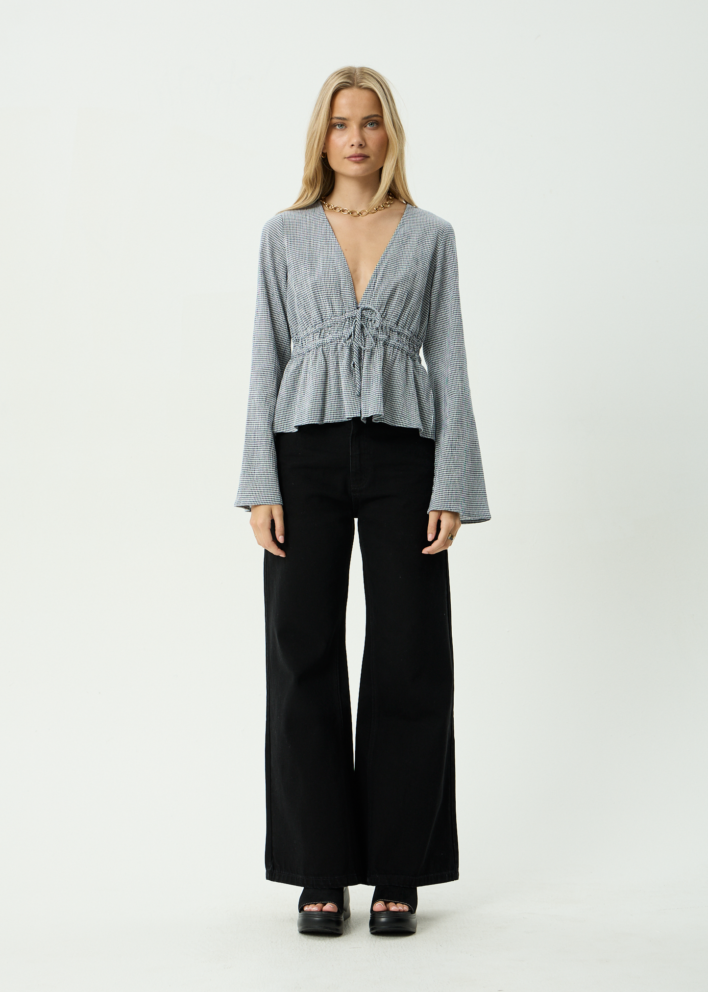 AFENDS Womens Annika - Long Sleeve Top - Indy Navy Check