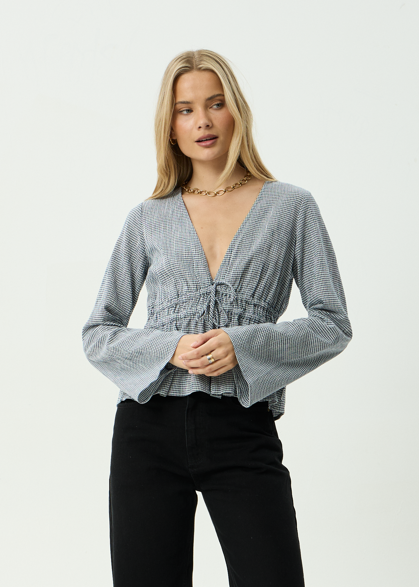 AFENDS Womens Annika - Long Sleeve Top - Indy Navy Check