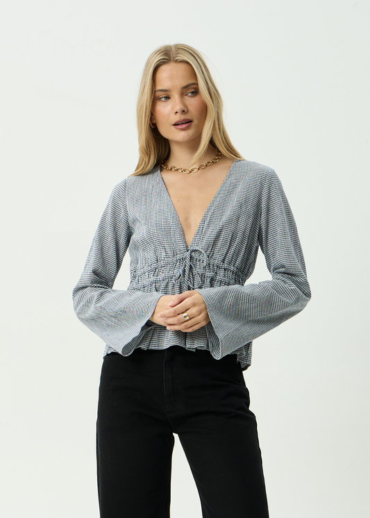 AFENDS Womens Annika - Long Sleeve Top - Indy Navy Check