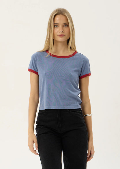 AFENDS Womens Carmen - Baby Ringer Tee - Slate Blue / Ketchup