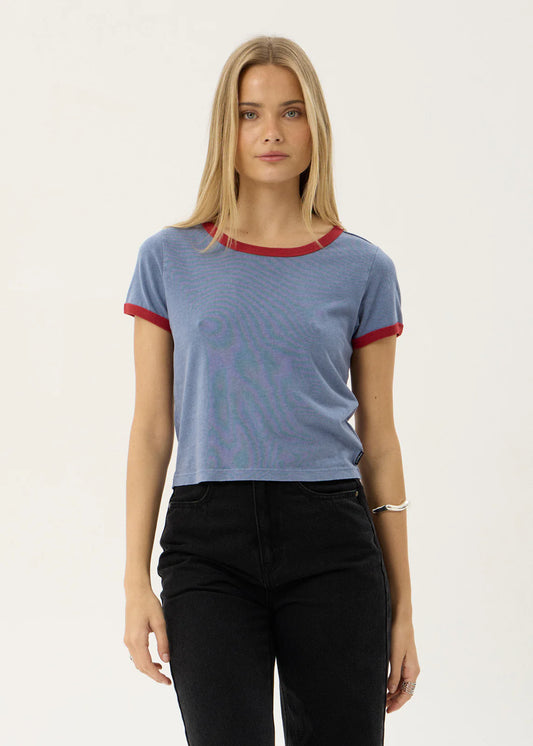 AFENDS Womens Carmen - Baby Ringer Tee - Slate Blue / Ketchup