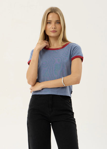 AFENDS Womens Carmen - Baby Ringer Tee - Slate Blue / Ketchup