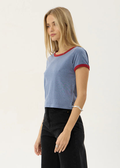 AFENDS Womens Carmen - Baby Ringer Tee - Slate Blue / Ketchup