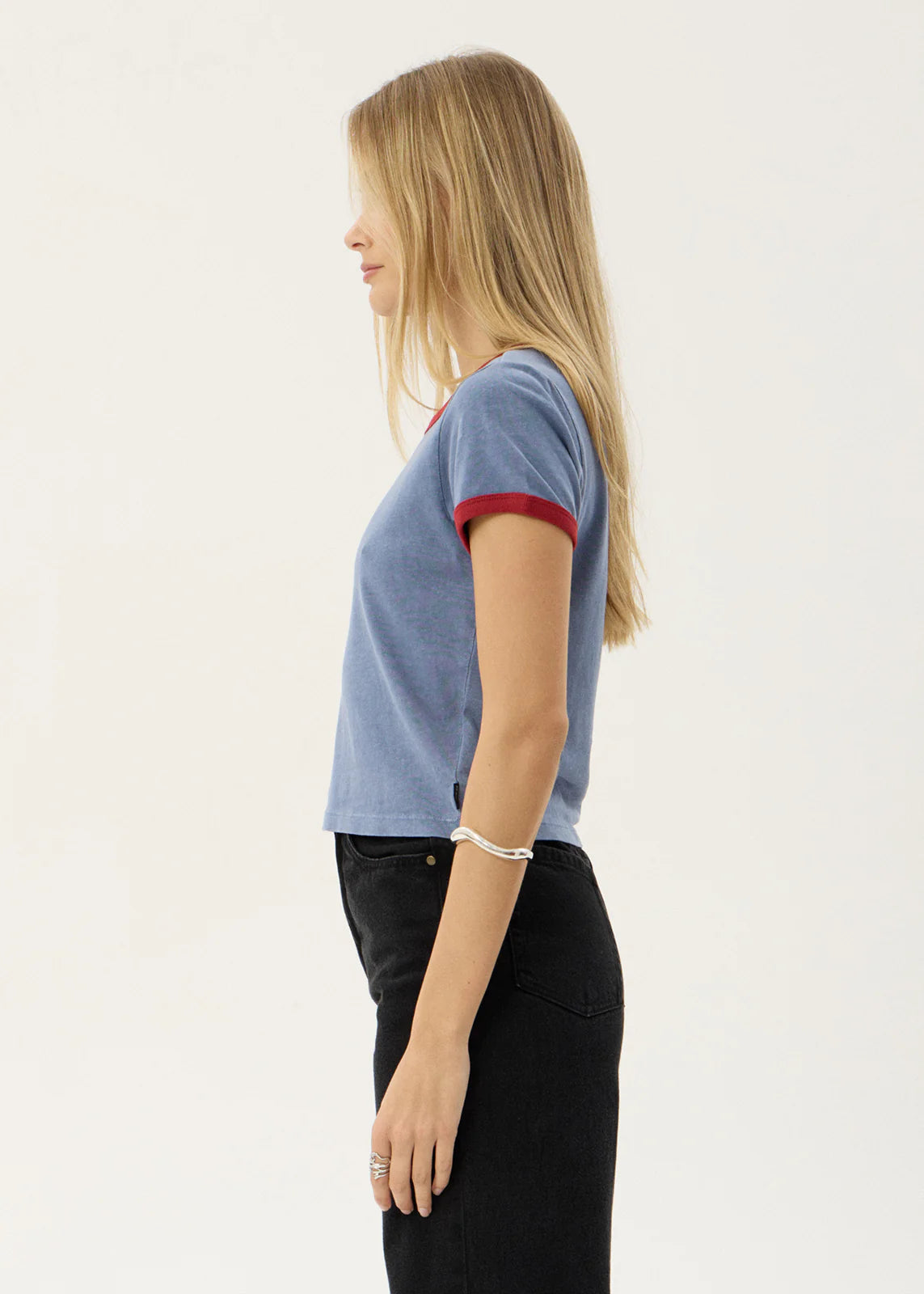 AFENDS Womens Carmen - Baby Ringer Tee - Slate Blue / Ketchup