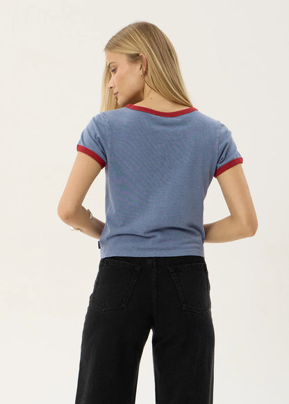 AFENDS Womens Carmen - Baby Ringer Tee - Slate Blue / Ketchup