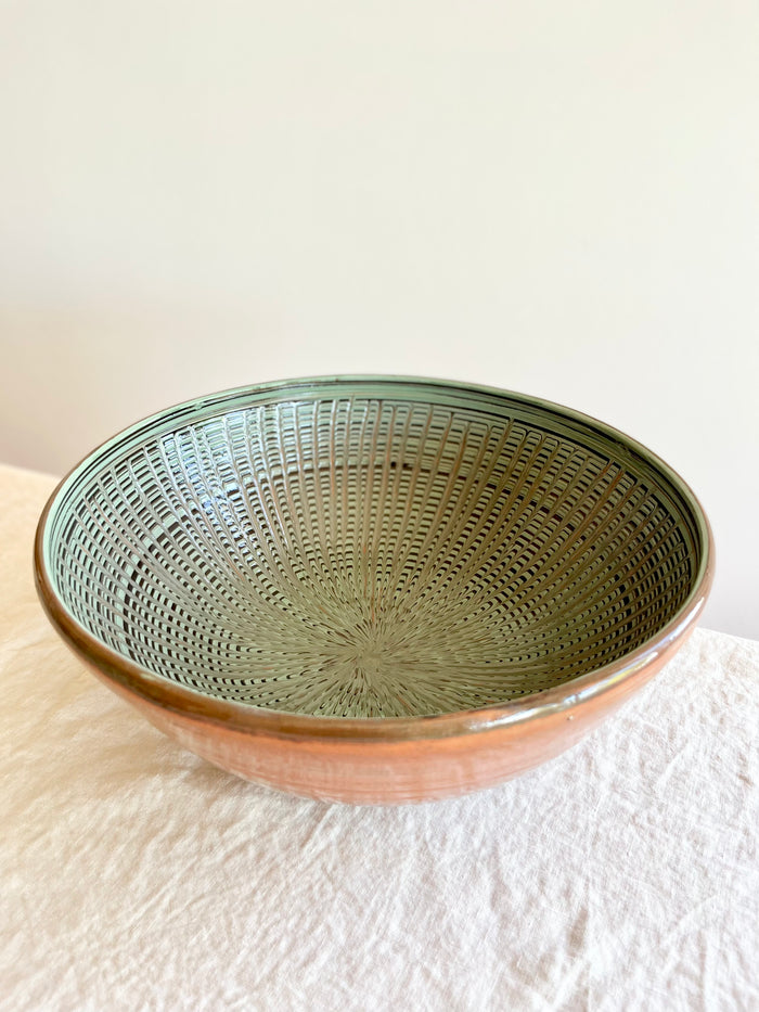 pasta bowl with peacock design in jade inside view