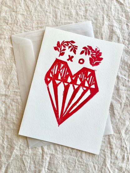block print hand made card with red heart 7.25" by 10" with envelope