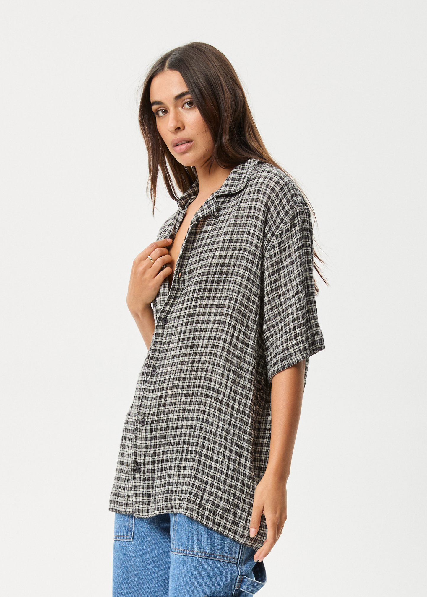 AFENDS Mens Asta - Seersucker Cuban Shirt - Steel Check