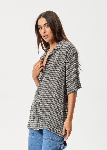 AFENDS Mens Asta - Seersucker Cuban Shirt - Steel Check