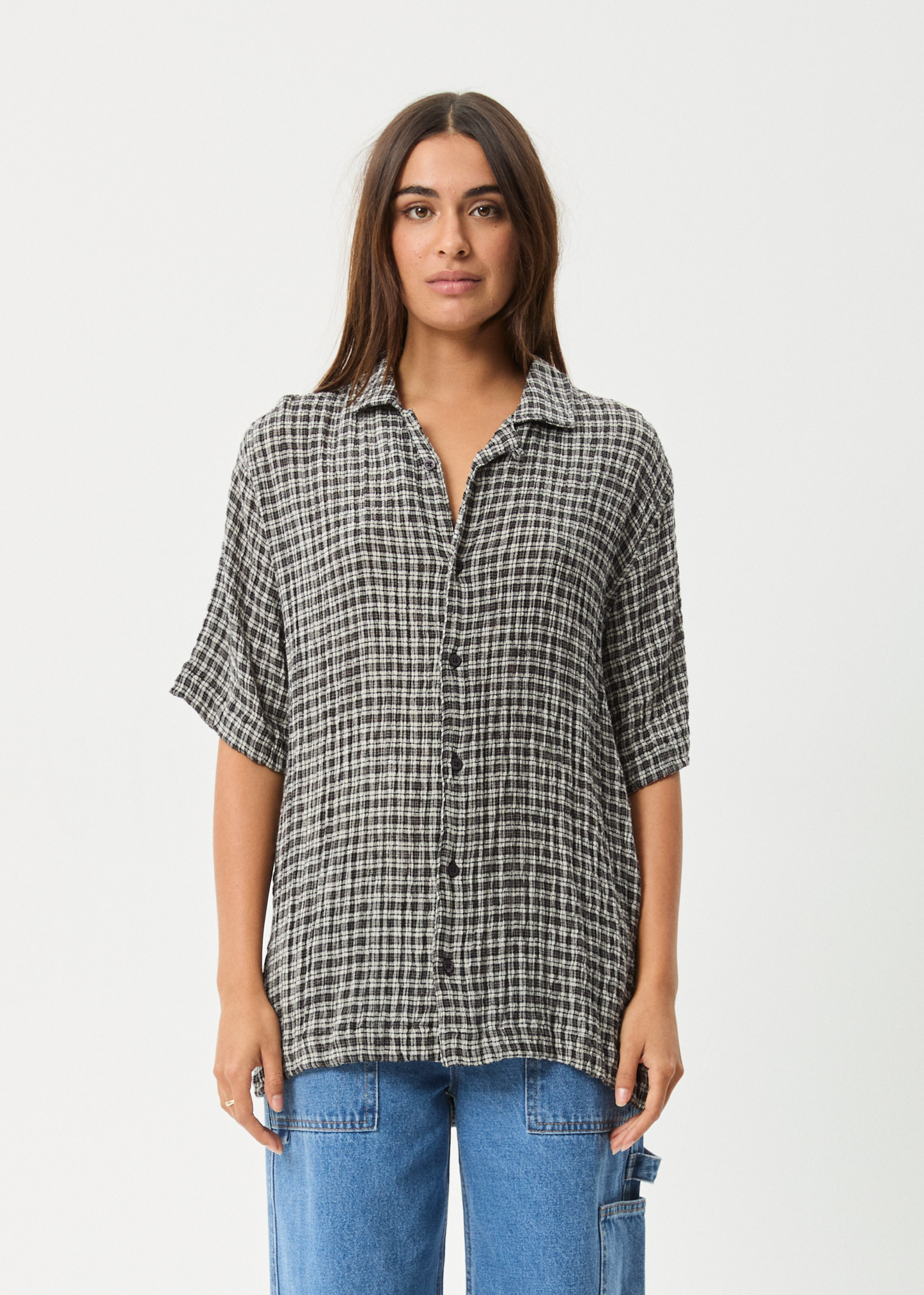 AFENDS Mens Asta - Seersucker Cuban Shirt - Steel Check