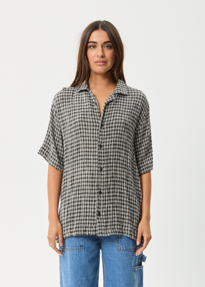 AFENDS Mens Asta - Seersucker Cuban Shirt - Steel Check