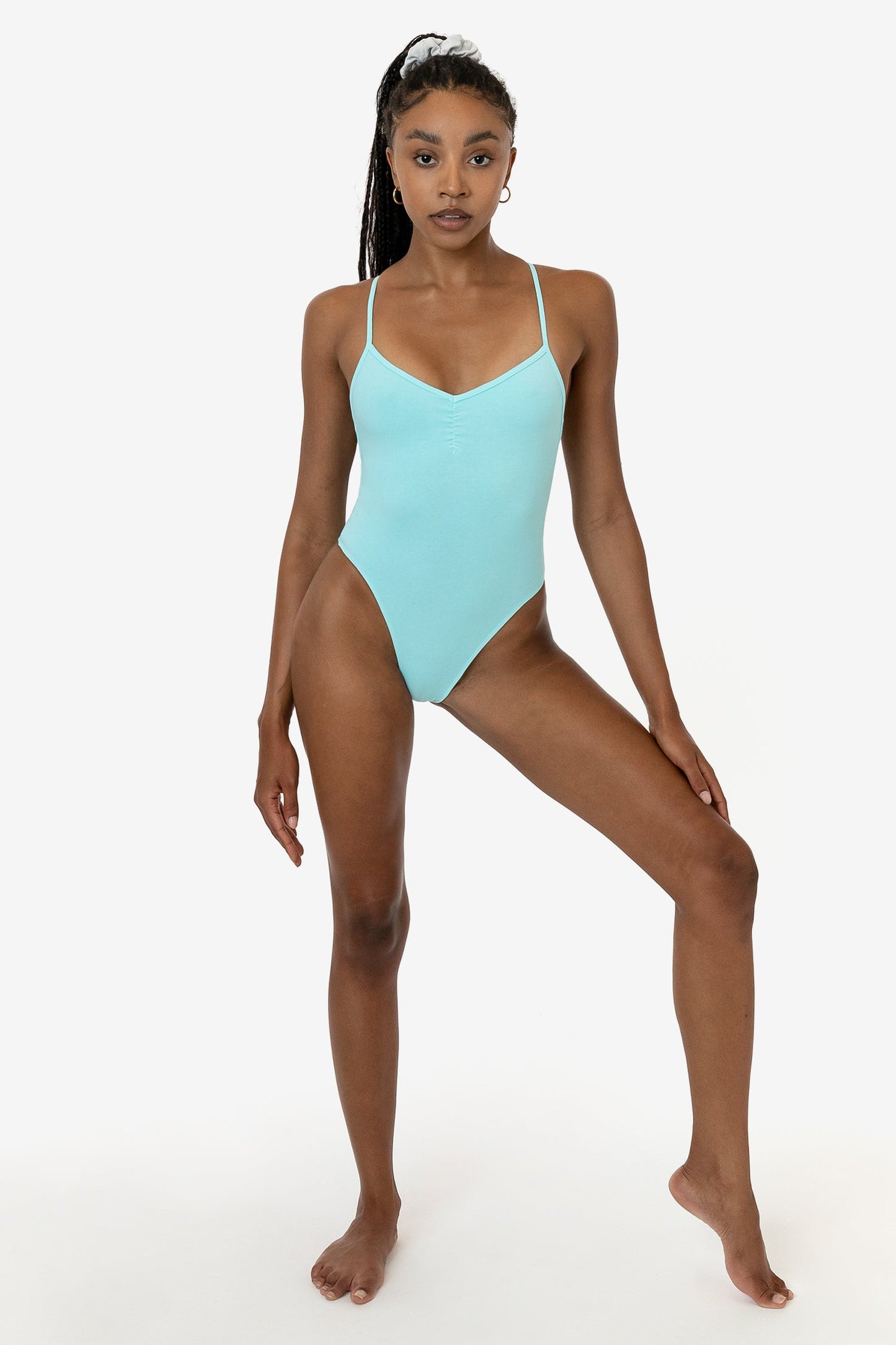 B308GD - Garment Dye Spaghetti Ruched Front Crossback Bodysuit