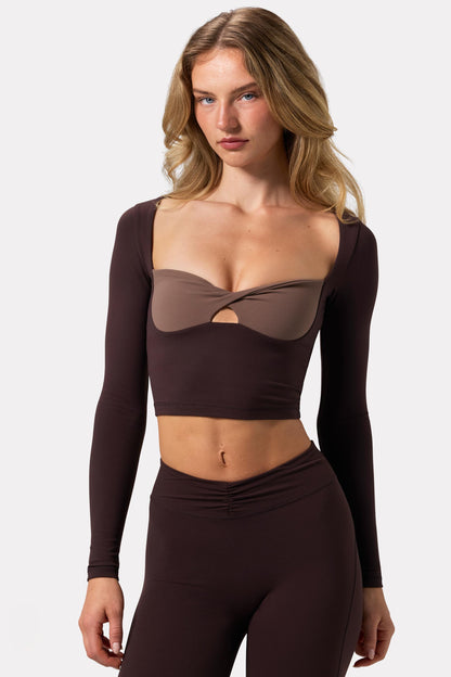 Soft Active Twist-Front Crop Top in Espresso