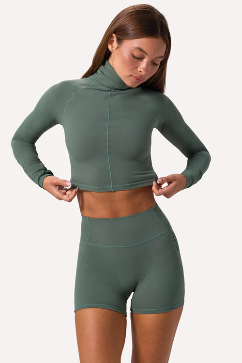 Soft Active Turtleneck Crop Top in Khaki