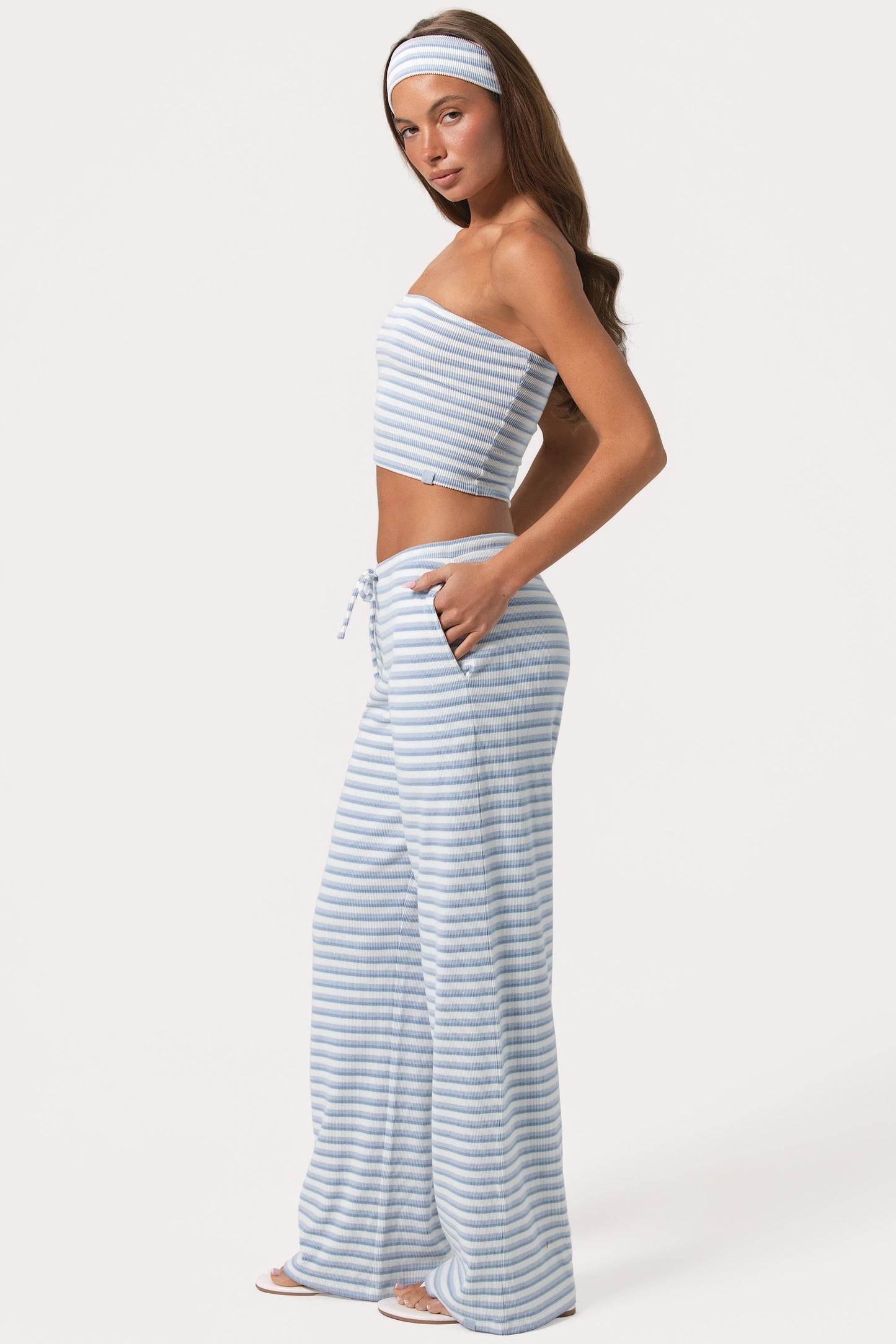 Ribbed Jersey Low-Rise Trousers in Blue Stripe