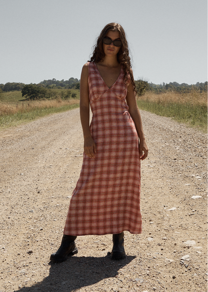 AFENDS Womens Position Tully - Seersucker Maxi Dress - Red Check