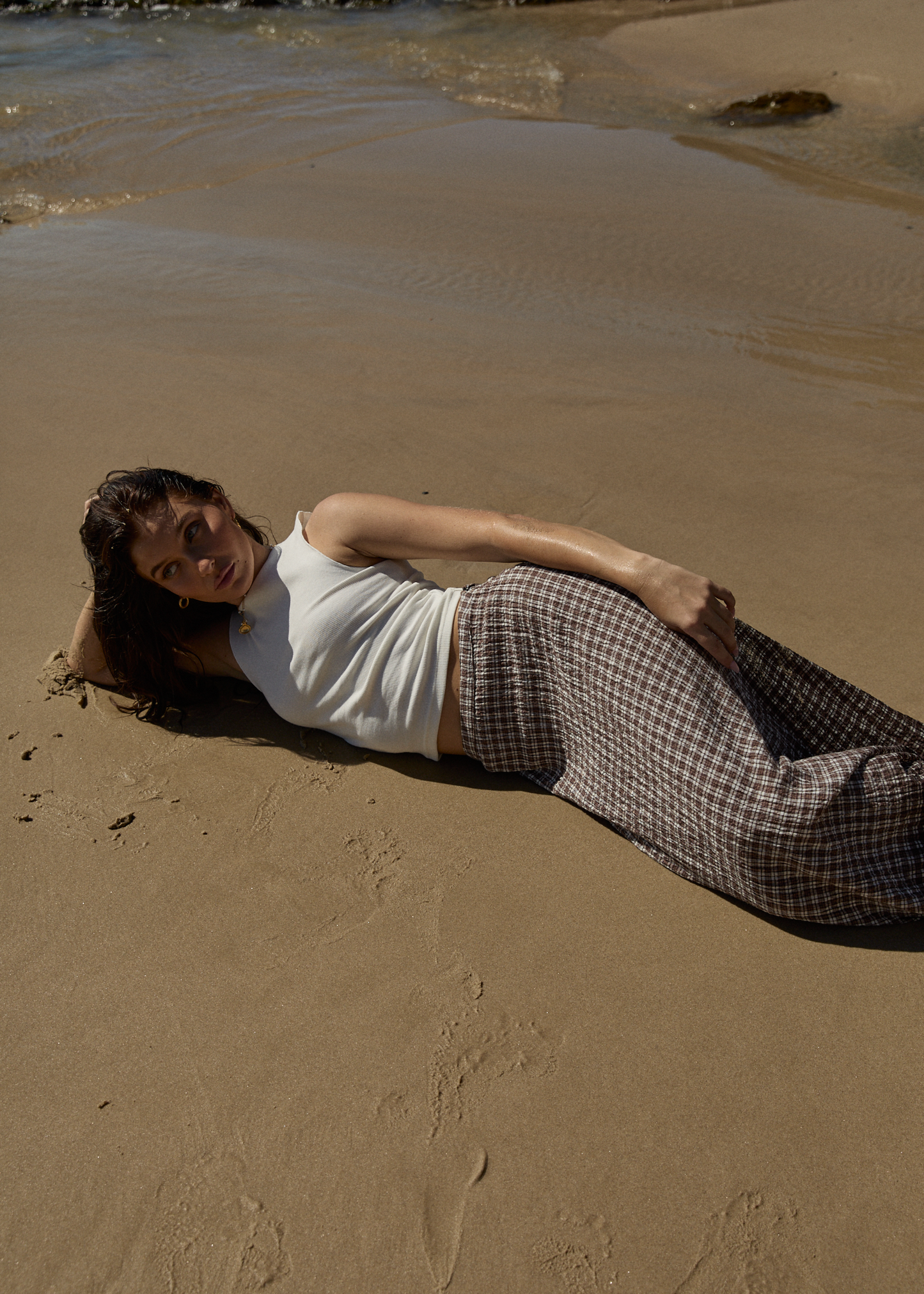 AFENDS Womens Lita - Seersucker Maxi Skirt - Base Coffee Check