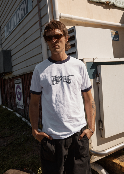 AFENDS Mens All Eyez - Ringer Tee - White / Deep Sea
