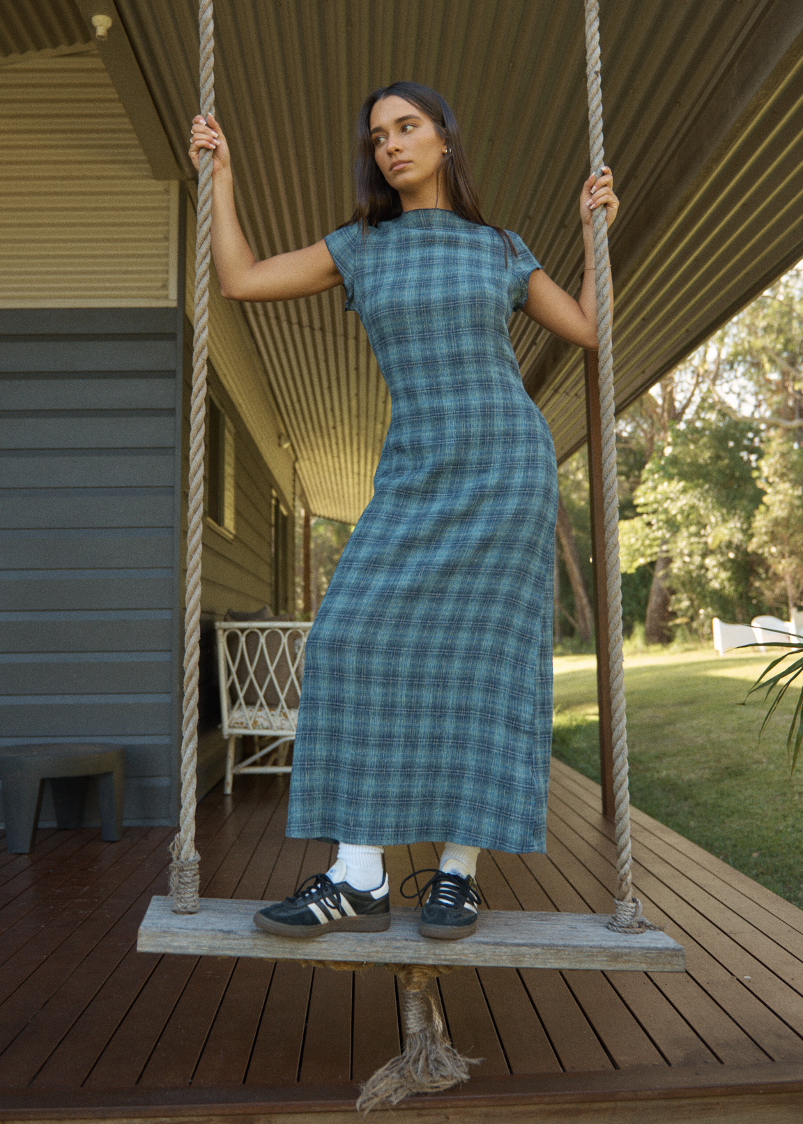 AFENDS Womens Elodie - Seersucker Midi Dress - Position Navy Check