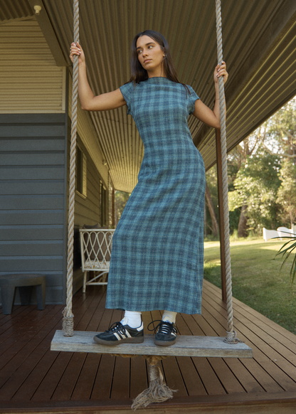 AFENDS Womens Elodie - Seersucker Midi Dress - Position Navy Check
