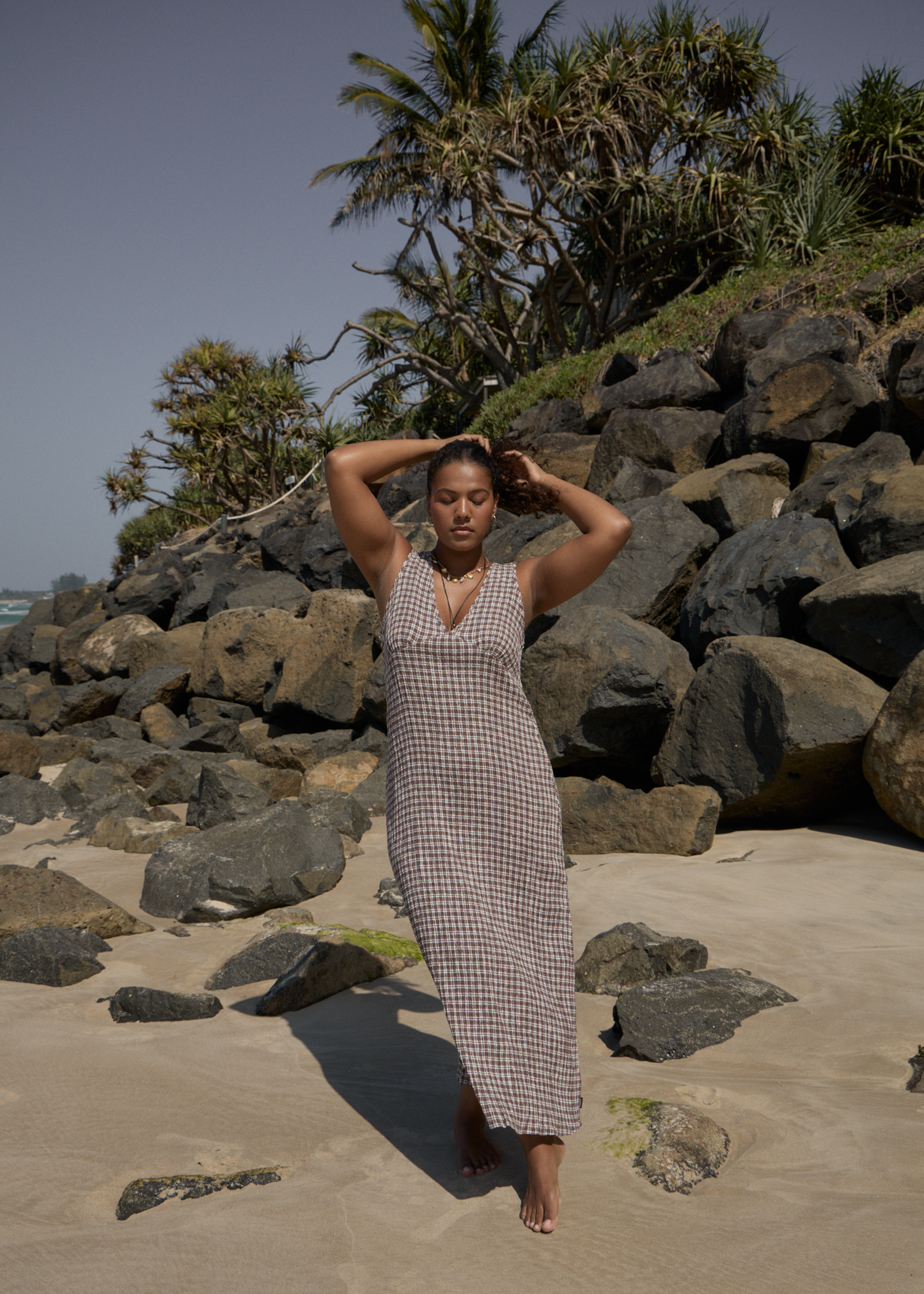 AFENDS Womens Tully - Seersucker Maxi Dress - Base Coffee Check
