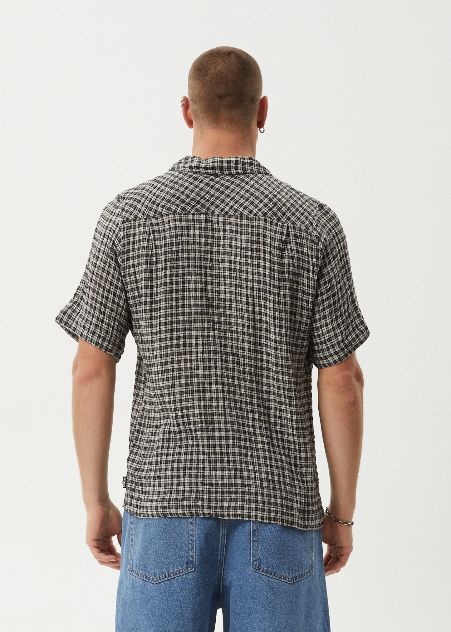 AFENDS Mens Asta - Seersucker Cuban Shirt - Steel Check