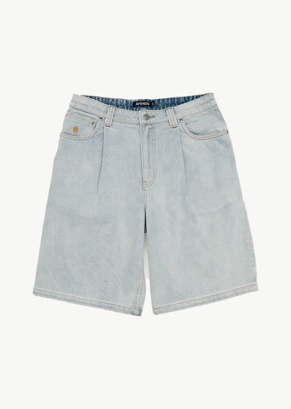 AFENDS Mens Fast Forward - Denim Ultra Baggy Pleated Short 24" - Stone Blue