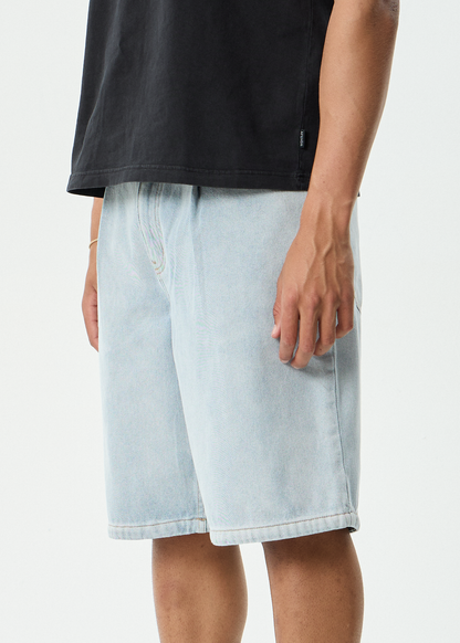 AFENDS Mens Fast Forward - Denim Ultra Baggy Pleated Short 24" - Stone Blue