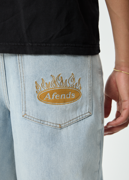 AFENDS Mens Fast Forward - Denim Ultra Baggy Pleated Short 24" - Stone Blue